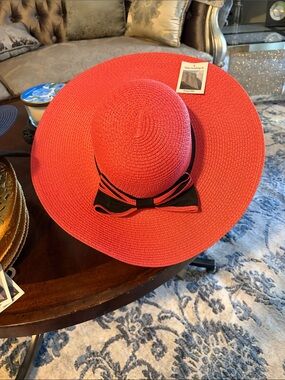 Wide Brim Sun Hat with Black Bow - Red